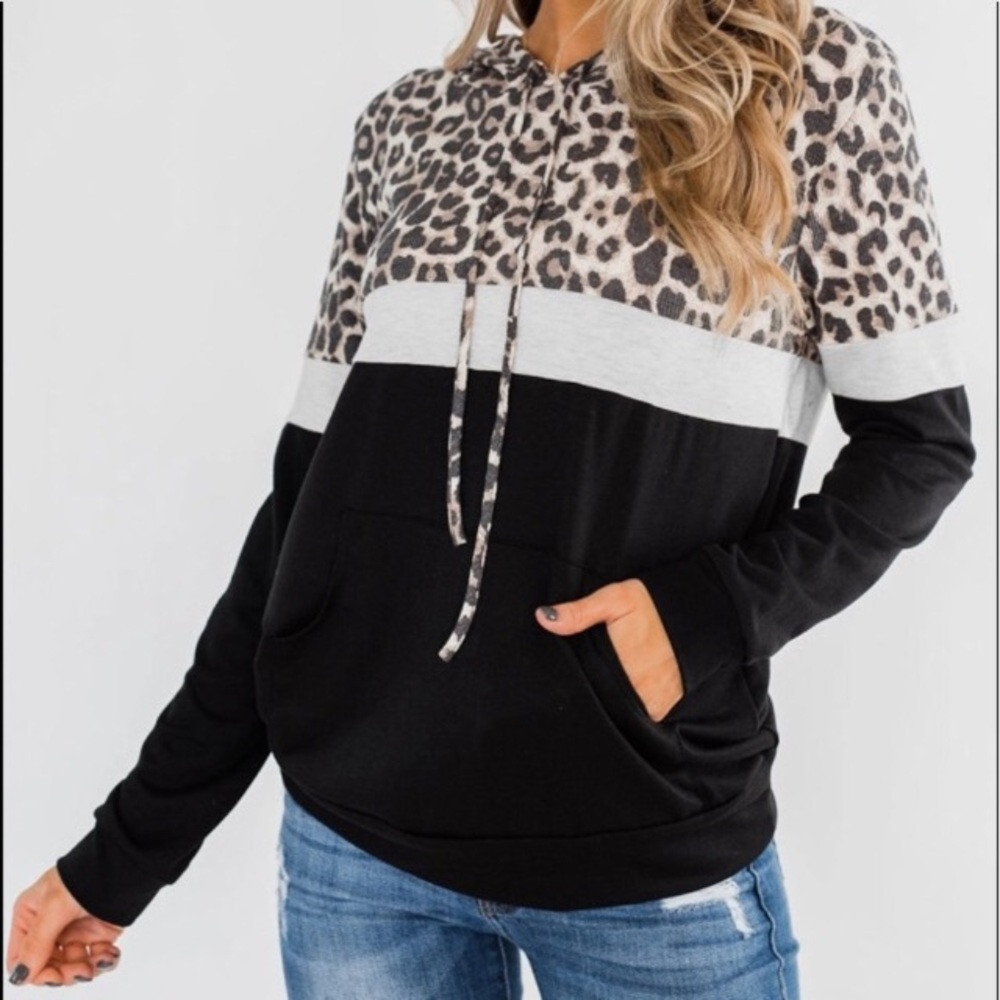 NEW Black & Leopard Color Block Hoodie - Picture 1 of 8